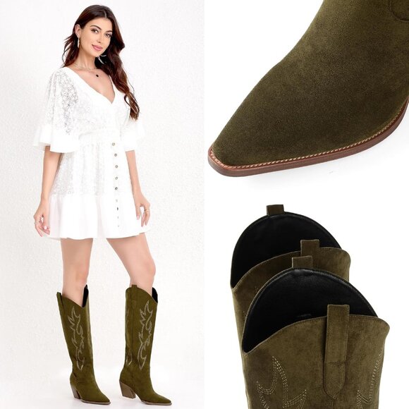 Women Faux Leather Olive Calf High Embroidered Pointed Toe Block Heel Boot - Picture 2 of 5